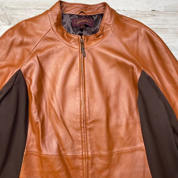 Hal Rubenstein Tan Brown Leather Jacket Coat Lined Ponte Stretch SZ 1X C101686 - Picture 4 of 8